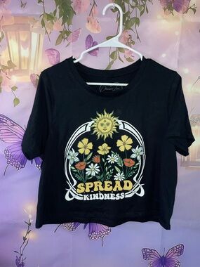 Jessica Black Graphic Tee with Yellow Sun & Floral Print